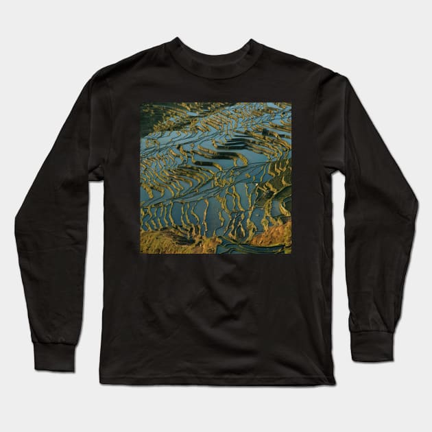 Rice fields landscape, water and soil Long Sleeve T-Shirt by Pacesyte